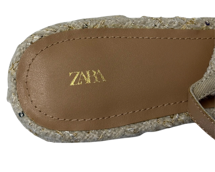 Zara Beige Tweed Slingback Block Heel Shoes
