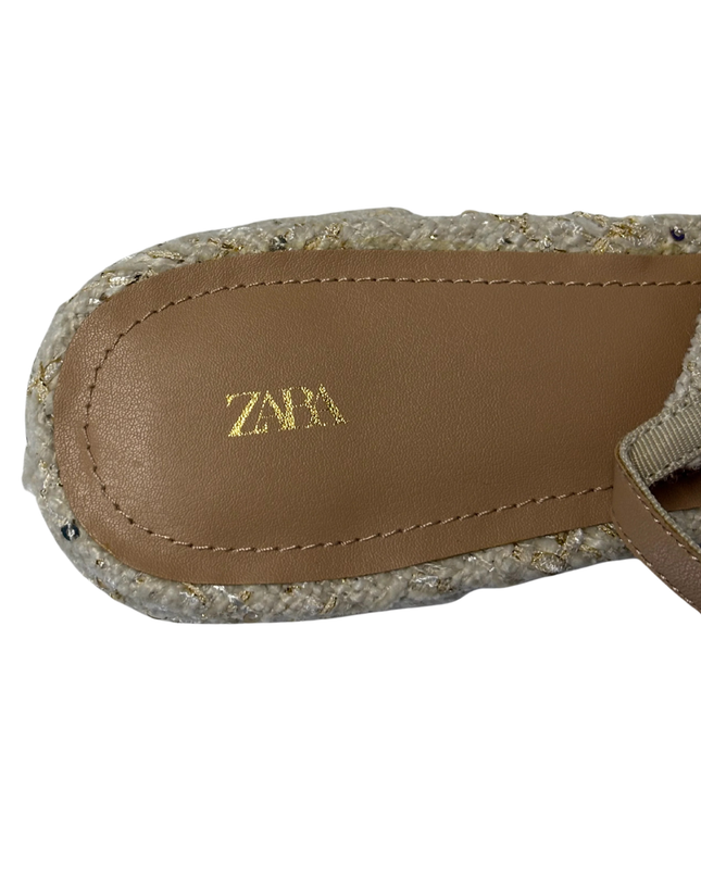 Zara Beige Tweed Slingback Block Heel Shoes
