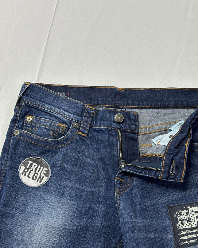 True Religion Blue Geno Relaxed Slim Patched Jeans