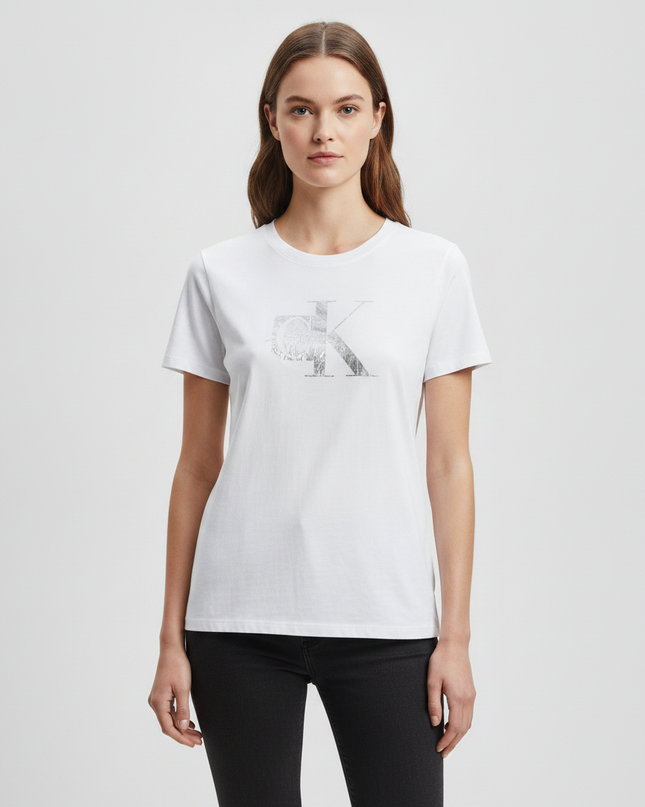 Calvin Klein Jeans White T-Shirt with Silver Metallic Logo