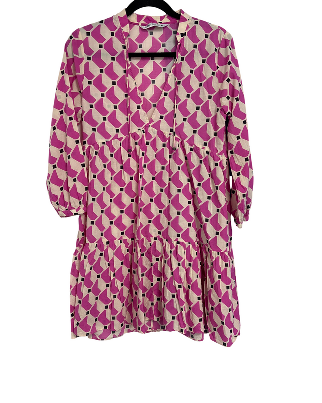 Zara Pink Geometric Print V-Neck Tiered Dress
