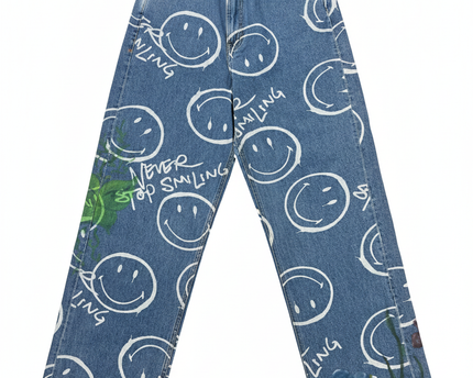 H&M x Smiley Blue All-Over Print Wide-Leg Graphic Jeans