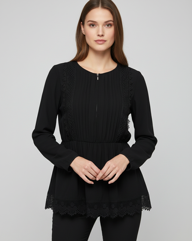 Mango Black Lace Trim Pleated Blouse