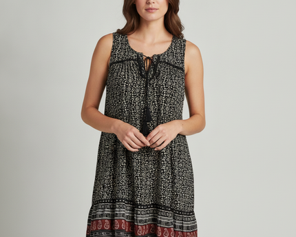 American Eagle Outfitters Black/Cream Patterned Boho Tassel Mini Dress