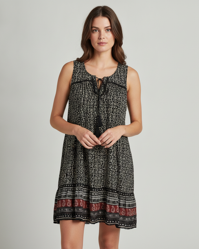 American Eagle Outfitters Black/Cream Patterned Boho Tassel Mini Dress