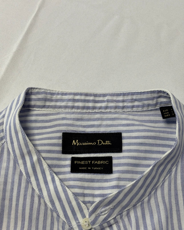 Massimo Dutti Blue and White Striped Mandarin Collar Shirt