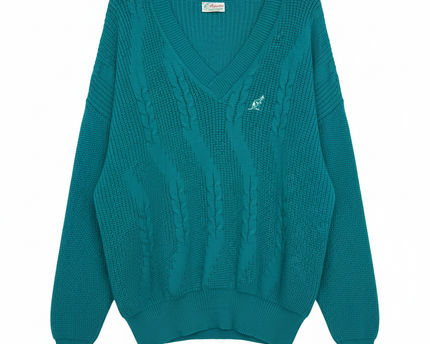 Australian BY L'ALPINA Vintage Teal V-Neck Cable Knit Sweater