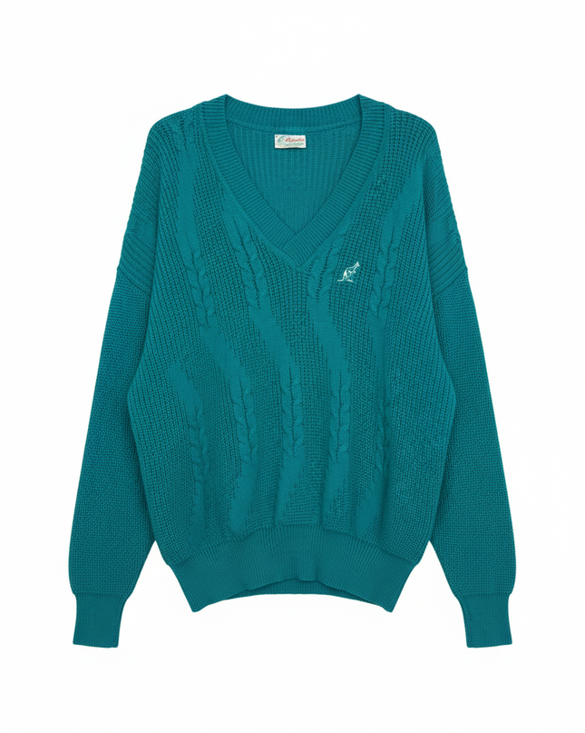 Australian BY L'ALPINA Vintage Teal V-Neck Cable Knit Sweater