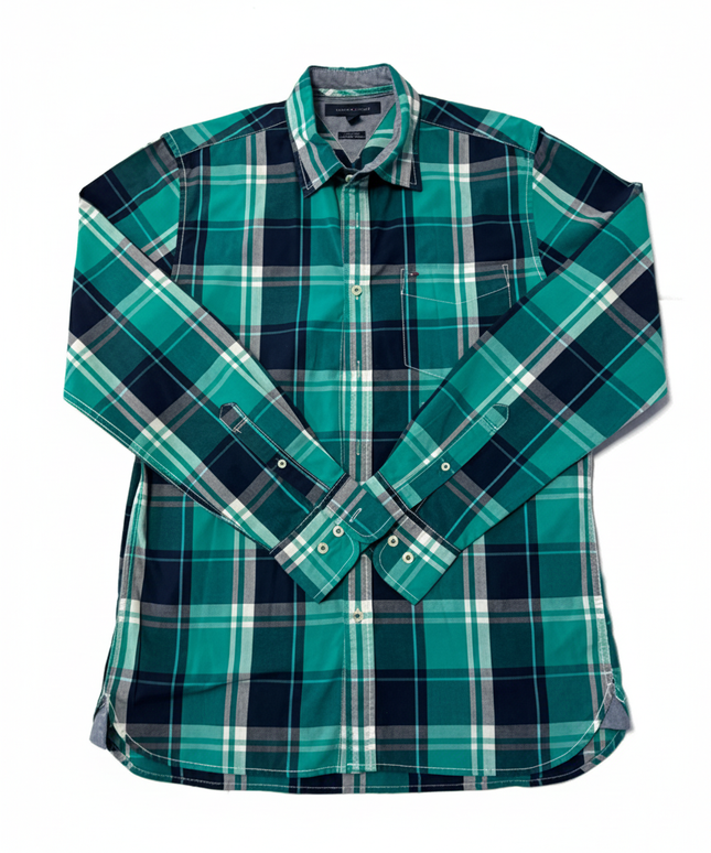 Tommy Hilfiger Green Plaid Custom Fit Long Sleeve Button-Down Shirt