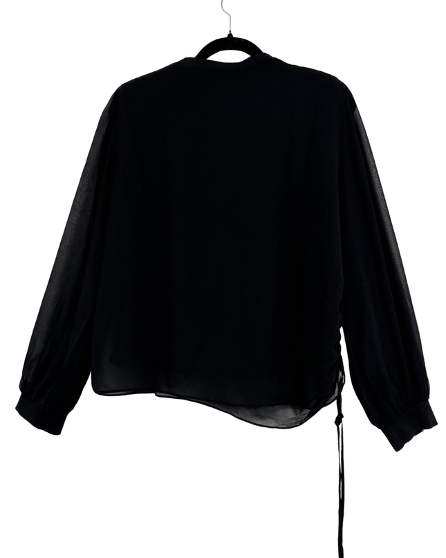 Zara Classic Black Sheer Long Sleeve Drawstring Blouse