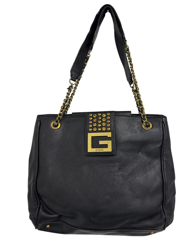 GUESS Black Faux Leather Studded G-Logo Tote Bag