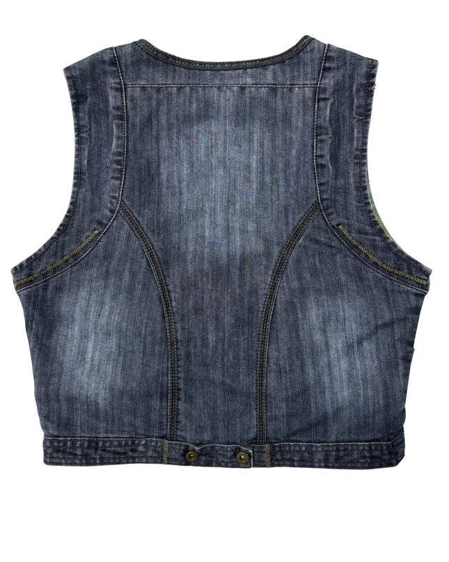 Intown Washed Denim Cropped Vest with Green Plaid Lining