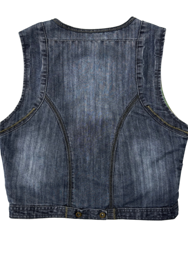 Intown Washed Denim Cropped Vest with Green Plaid Lining