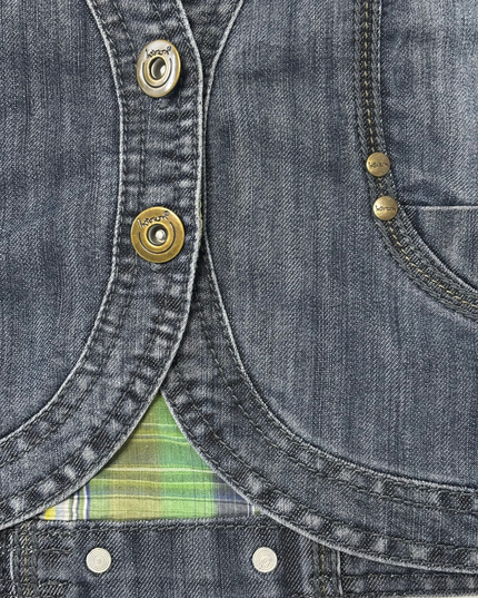 Intown Washed Denim Cropped Vest with Green Plaid Lining