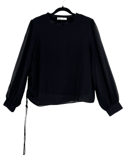 Zara Classic Black Sheer Long Sleeve Drawstring Blouse
