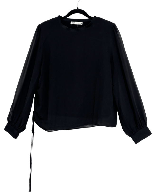 Zara Classic Black Sheer Long Sleeve Drawstring Blouse