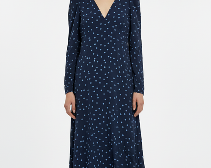 Zara Blue Polka Dot V-Neck Long Sleeve Midi Dress