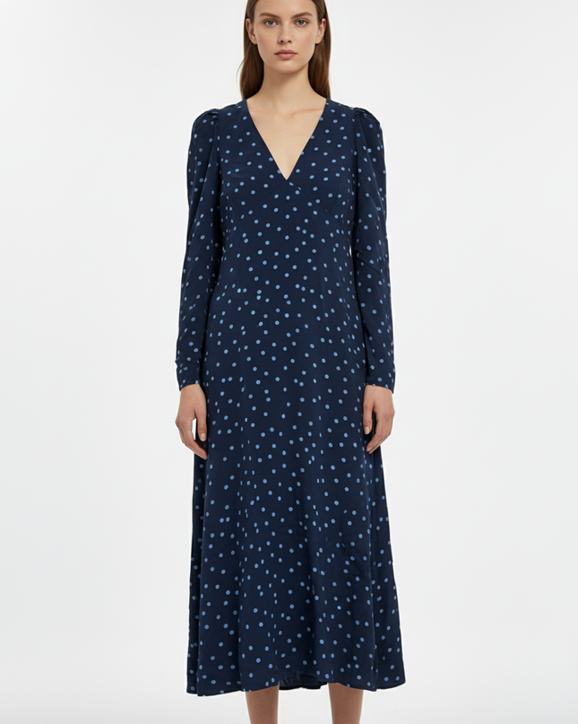 Zara Blue Polka Dot V-Neck Long Sleeve Midi Dress