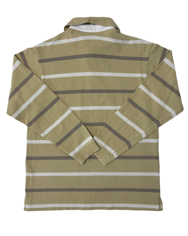 Lacoste Beige & White Striped Long-Sleeve Piqué Polo Shirt - S