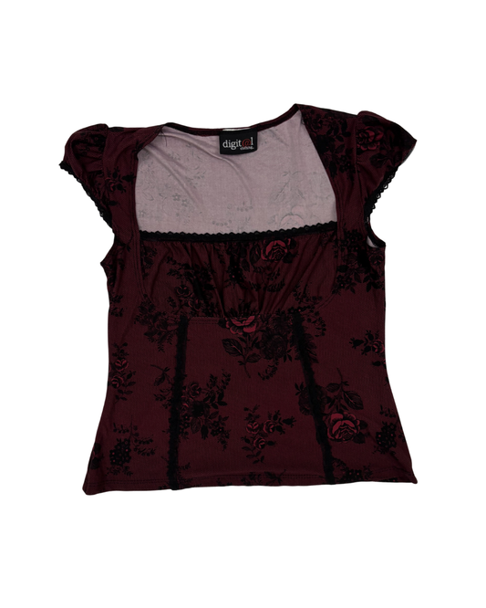 Digit@1 Clothing Floral Mesh Lace Burgundy & Black Trim Top - S