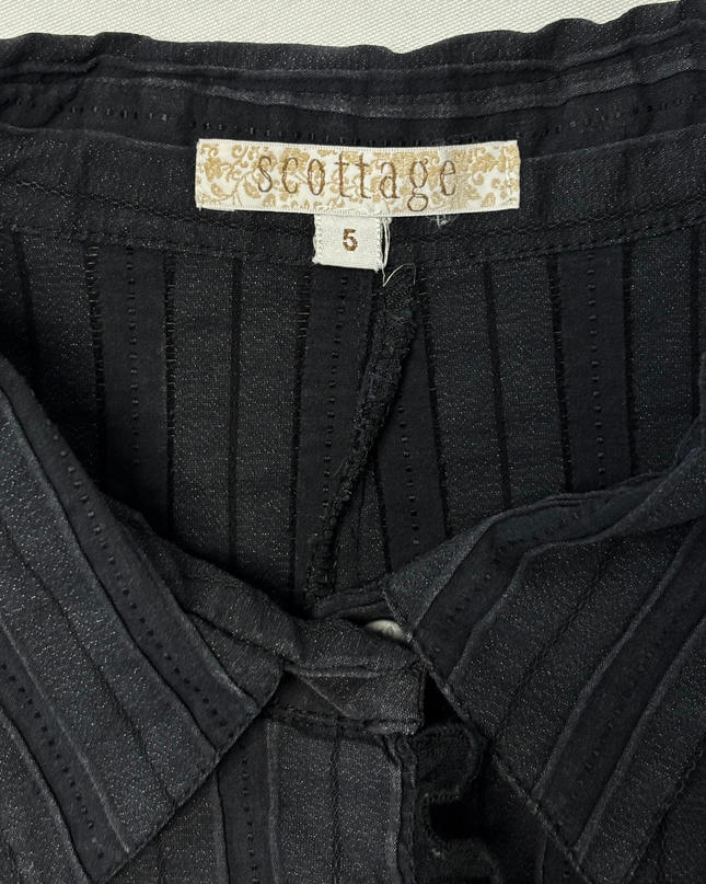 Scottage Ruffled Panelled Black Pinstripe Sequin Shirt