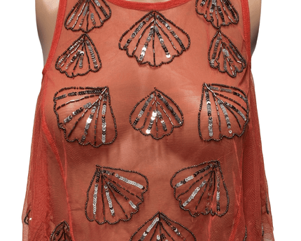 Free People Coral Sheer Sequin Mesh Top