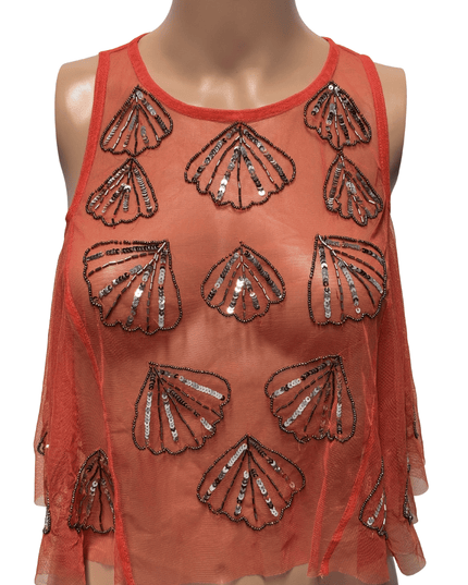 Free People Coral Sheer Sequin Mesh Top