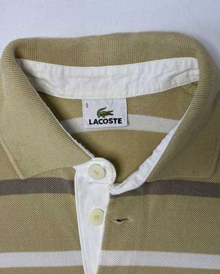 Lacoste Beige & White Striped Long-Sleeve Piqué Polo Shirt - S