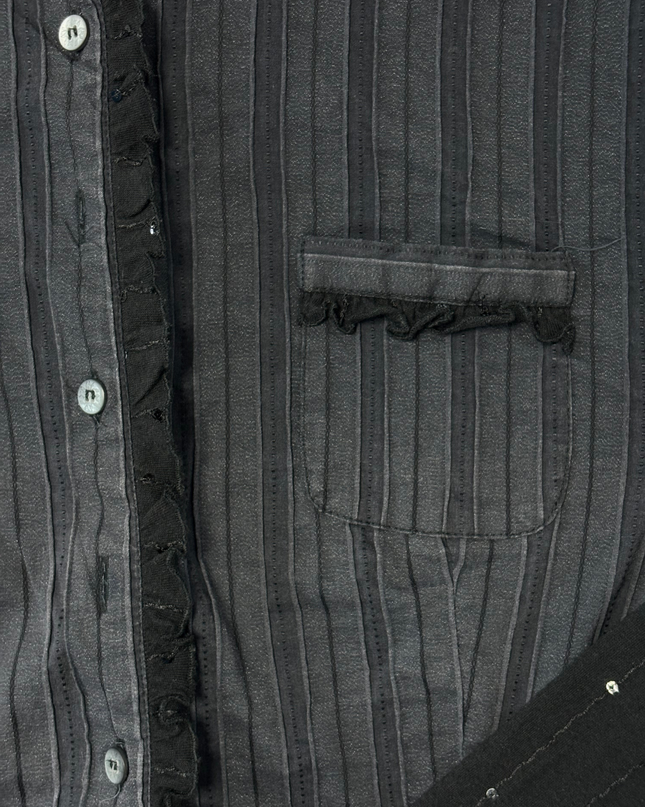 Scottage Ruffled Panelled Black Pinstripe Sequin Shirt