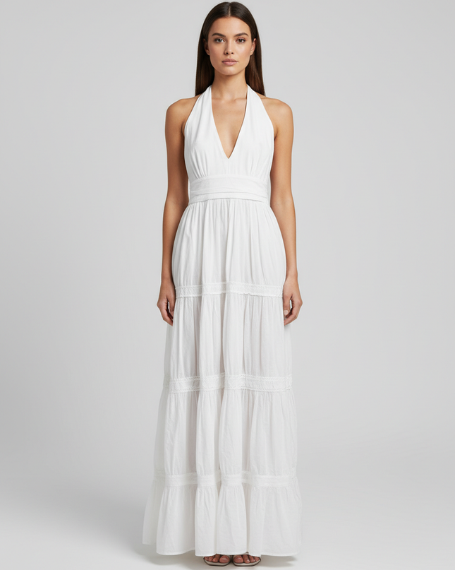 DANIELE ALESSANDRINI White Tiered Halter Maxi Dress