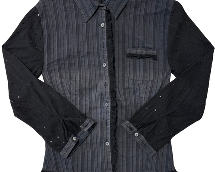 Scottage Ruffled Panelled Black Pinstripe Sequin Shirt