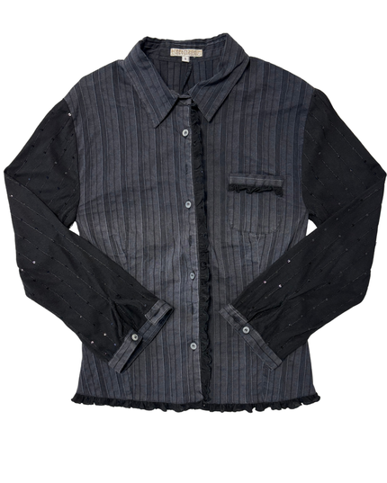 Scottage Ruffled Panelled Black Pinstripe Sequin Shirt
