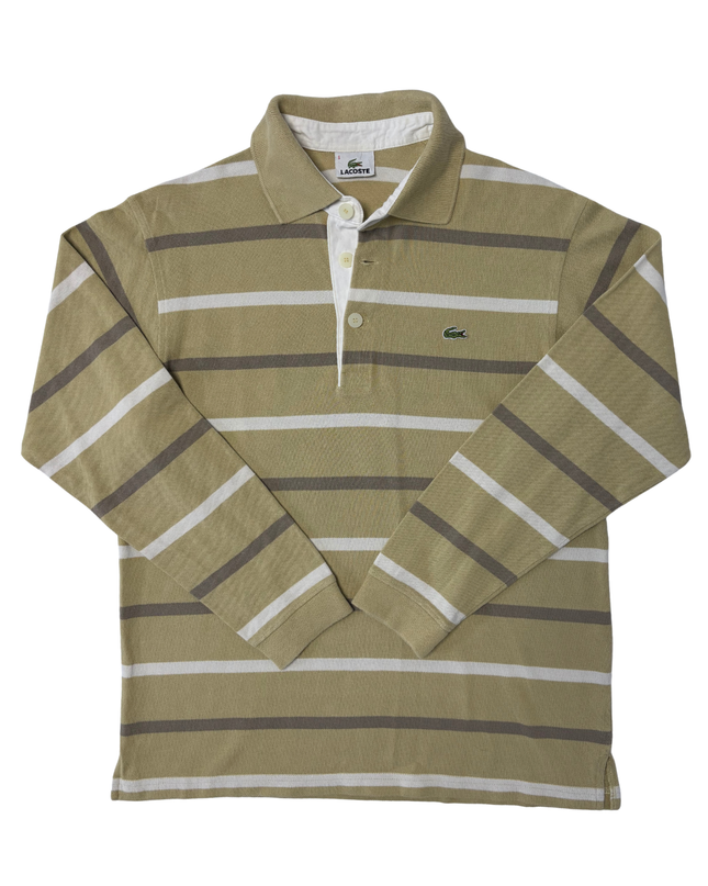 Lacoste Beige & White Striped Long-Sleeve Piqué Polo Shirt - S