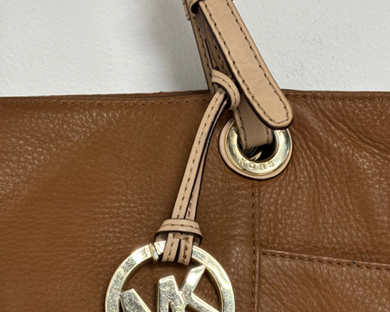 Michael Kors Pebbled Leather Slouchy Contrast Handles & Gold Charm Tote Bag