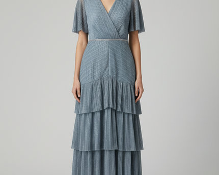 Motf Light Blue Metallic Pleated Tiered Midi Dress