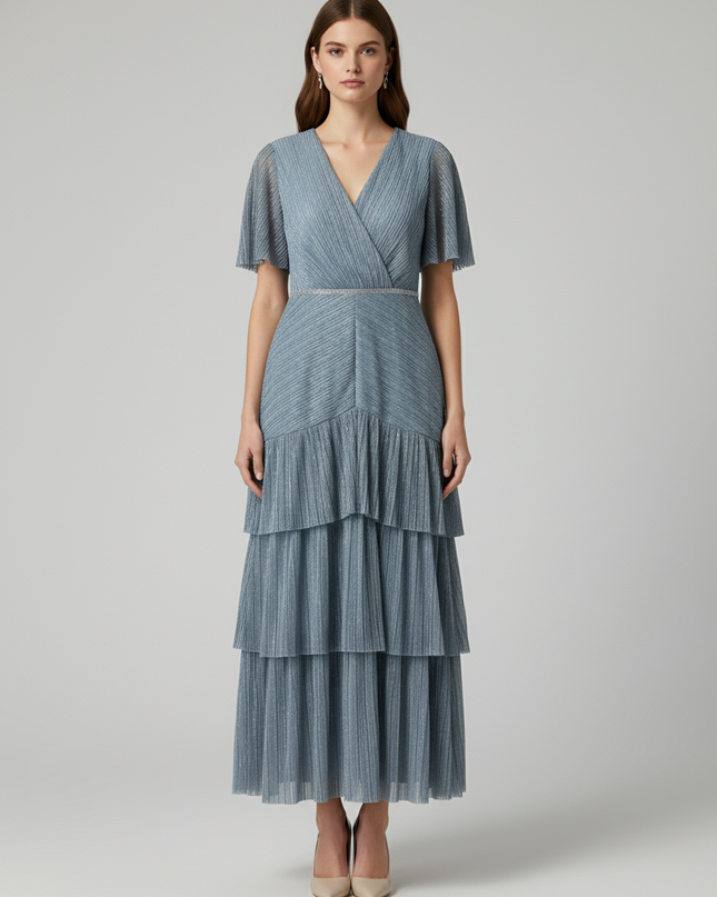 Motf Light Blue Metallic Pleated Tiered Midi Dress