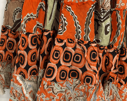 Boho Patchwork Rust Orange & Paisley Tiered Maxi Skirt