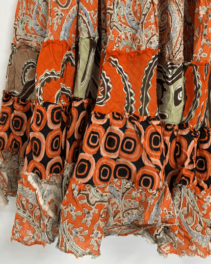Boho Patchwork Rust Orange & Paisley Tiered Maxi Skirt