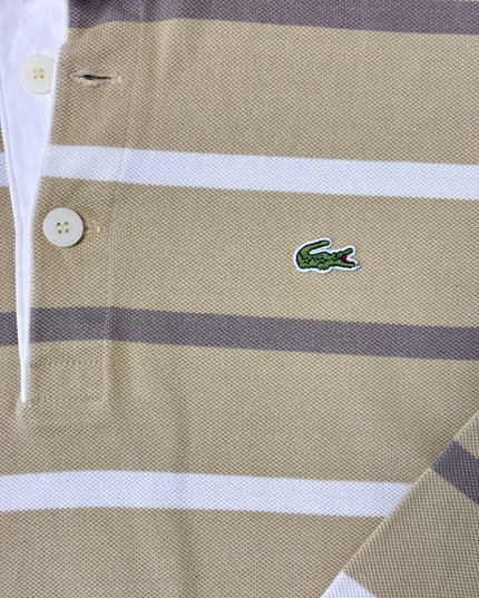 Lacoste Beige & White Striped Long-Sleeve Piqué Polo Shirt - S