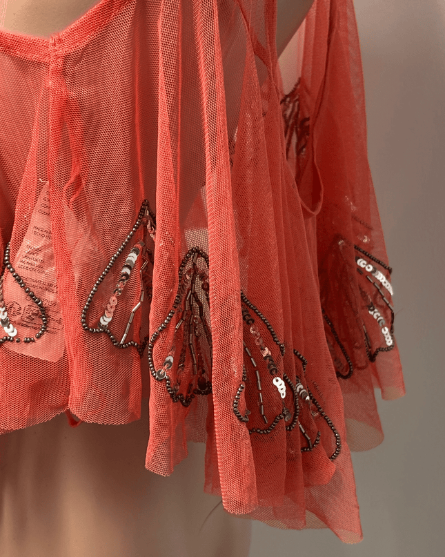Free People Coral Sheer Sequin Mesh Top