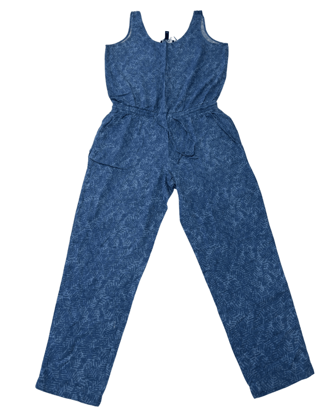 Chaps Denim Blue Leaf-Print Sleeveless Jumpsuit