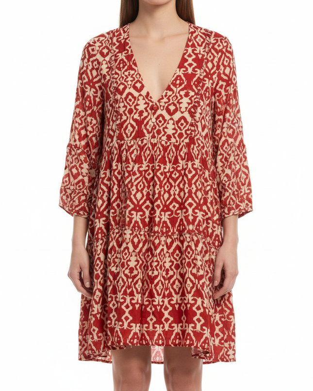 Zara Red Ikat Print Tiered Mini Dress