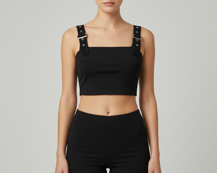 Tiger Mist Black Buckle Strap Grommet Crop Top