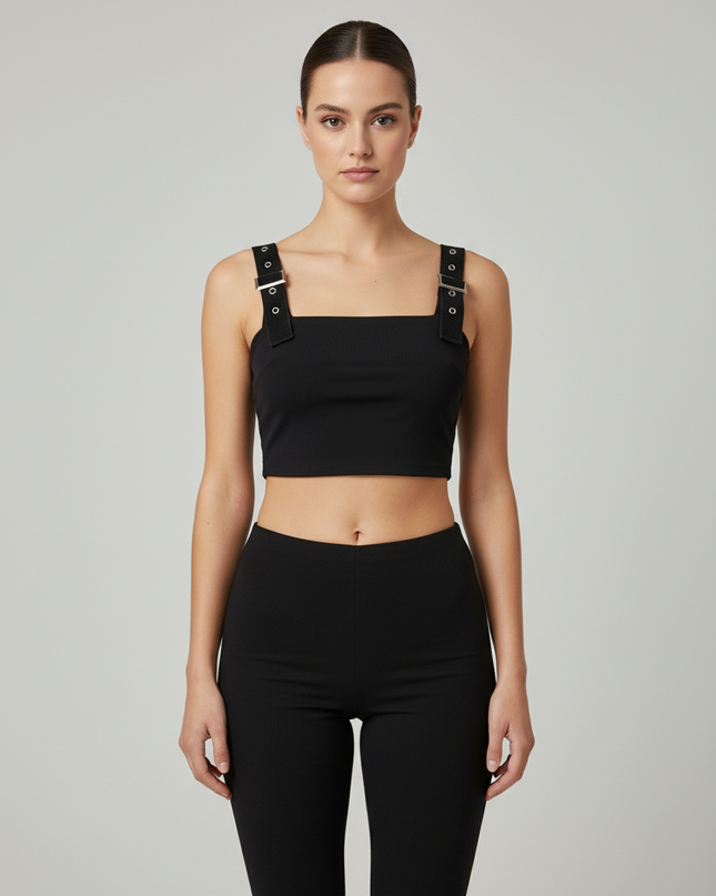 Tiger Mist Black Buckle Strap Grommet Crop Top