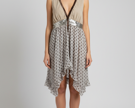 Fracomina Sleeveless Metallic Knit and Sequin Chiffon Mini Dress