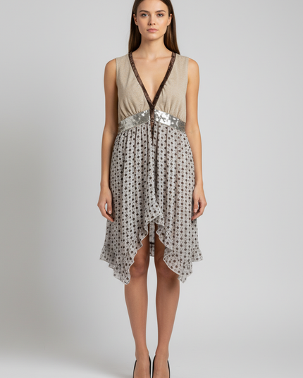 Fracomina Sleeveless Metallic Knit and Sequin Chiffon Mini Dress