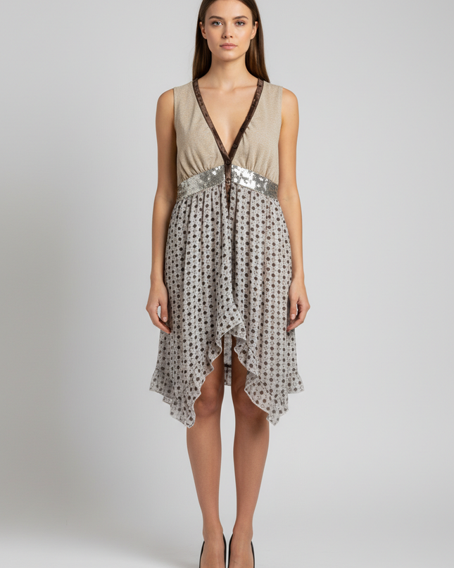 Fracomina Sleeveless Metallic Knit and Sequin Chiffon Mini Dress