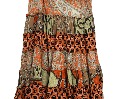 Boho Patchwork Rust Orange & Paisley Tiered Maxi Skirt