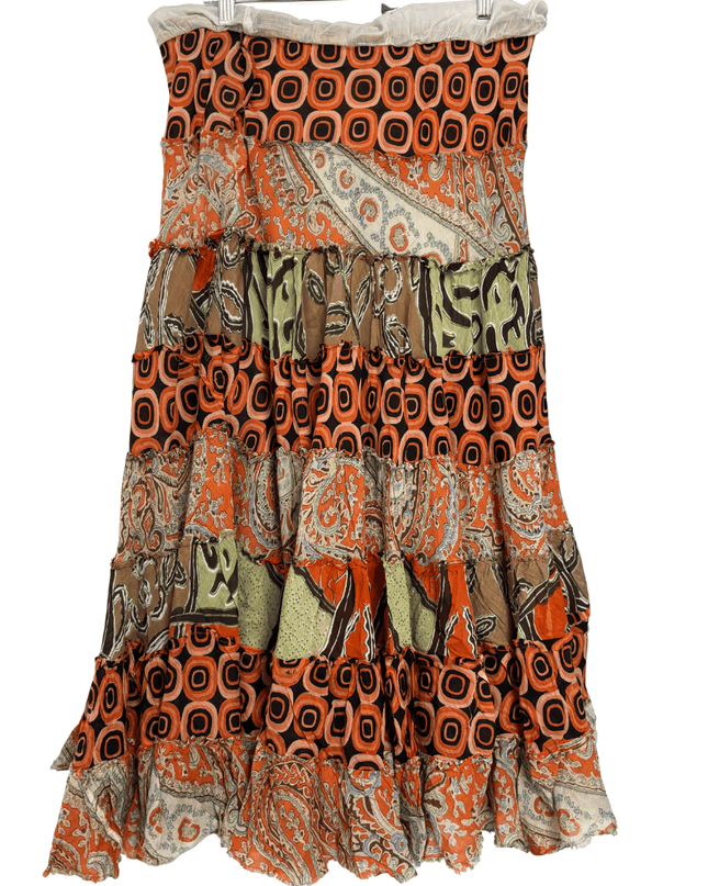 Boho Patchwork Rust Orange & Paisley Tiered Maxi Skirt
