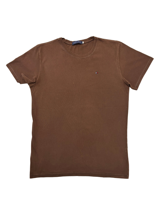 Tommy Hilfiger Classic Brown Logo Embroidered Cotton T-Shirt - S